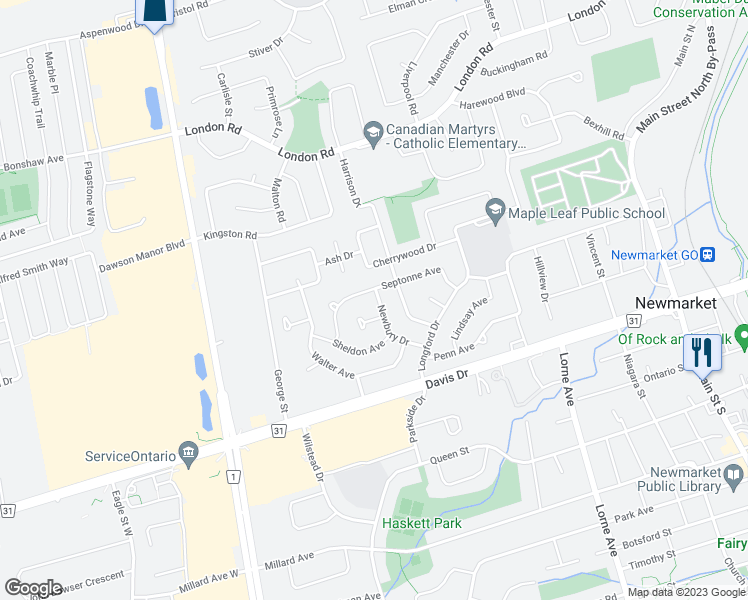map of restaurants, bars, coffee shops, grocery stores, and more near 82 Newbury Drive in Newmarket