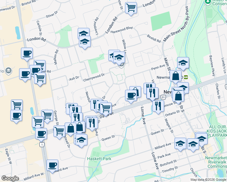 map of restaurants, bars, coffee shops, grocery stores, and more near 58 Lindsay Avenue in Newmarket