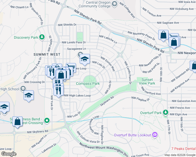 map of restaurants, bars, coffee shops, grocery stores, and more near 2559 Northwest Crossing Drive in Bend
