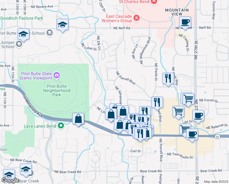 map of restaurants, bars, coffee shops, grocery stores, and more near 2043 Northeast Zachary Court in Bend
