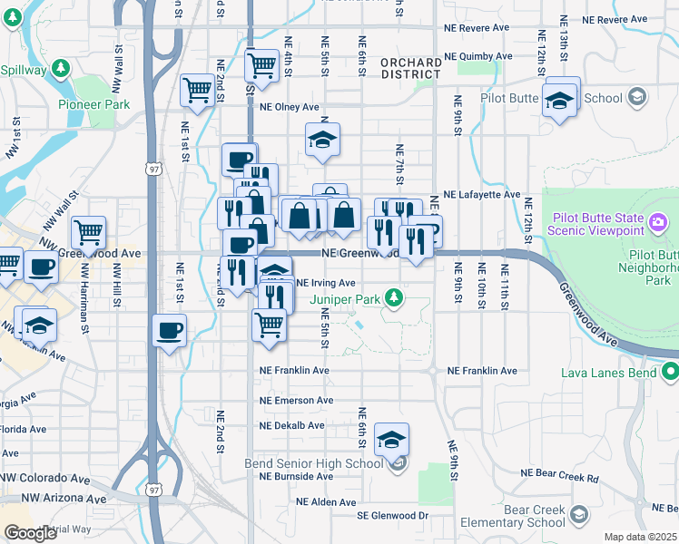map of restaurants, bars, coffee shops, grocery stores, and more near 477 U.S. 20 in Bend