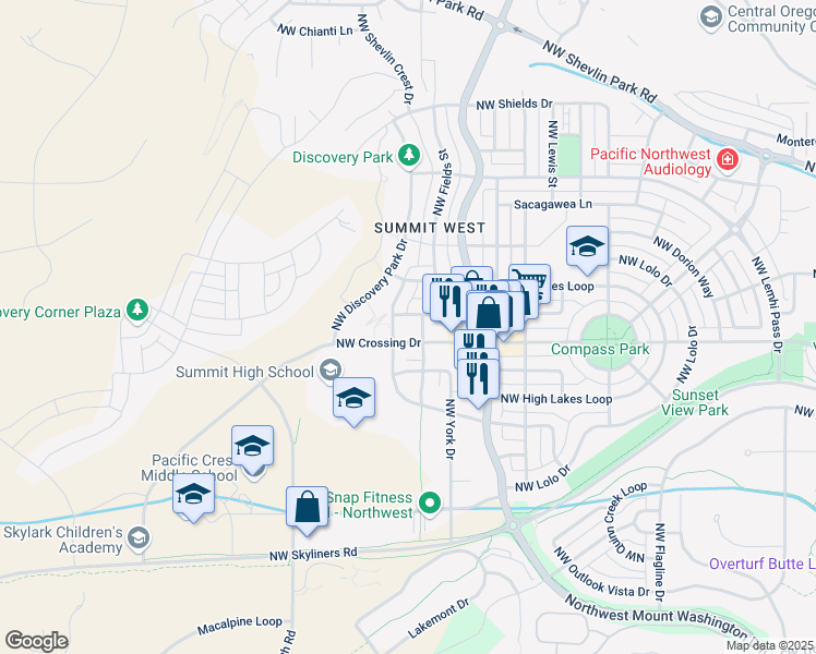map of restaurants, bars, coffee shops, grocery stores, and more near 2776 Northwest Ordway Avenue in Bend