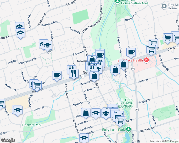 map of restaurants, bars, coffee shops, grocery stores, and more near in Newmarket