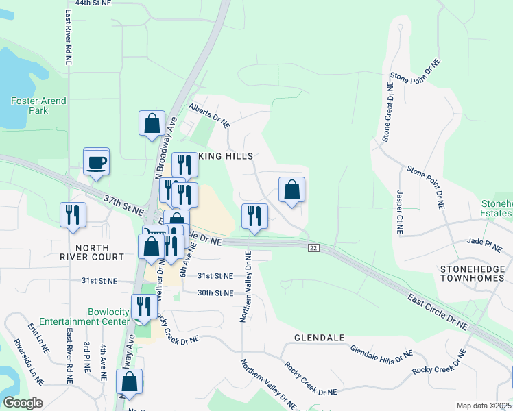 map of restaurants, bars, coffee shops, grocery stores, and more near 908 Bristol Lane Northeast in Rochester