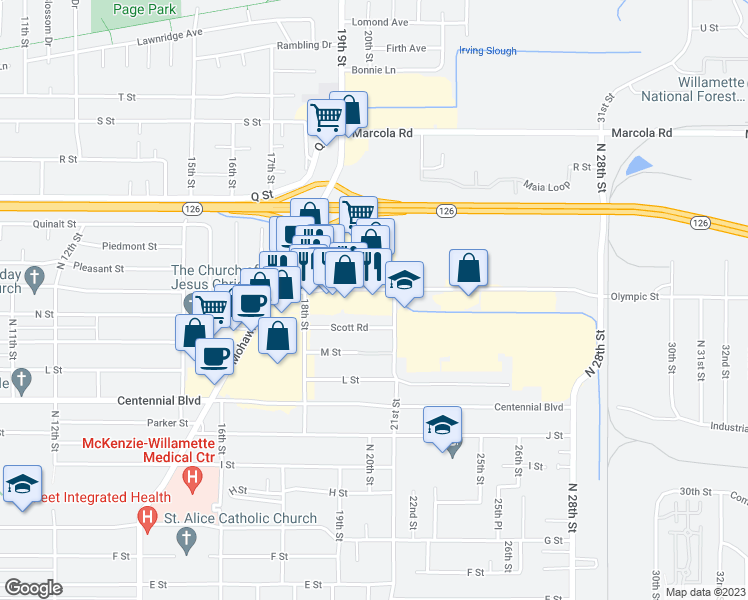 map of restaurants, bars, coffee shops, grocery stores, and more near 2053 Olympic St in Springfield