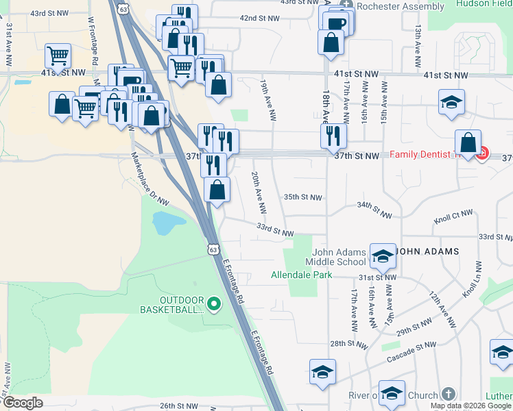 map of restaurants, bars, coffee shops, grocery stores, and more near 3416 20th Avenue Northwest in Rochester