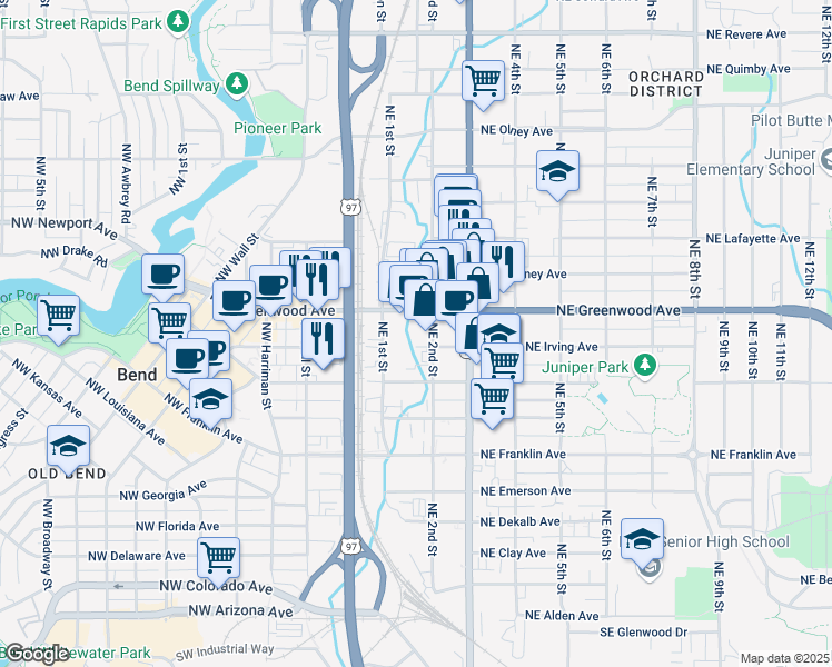 map of restaurants, bars, coffee shops, grocery stores, and more near 137 Northeast Greenwood Avenue in Bend