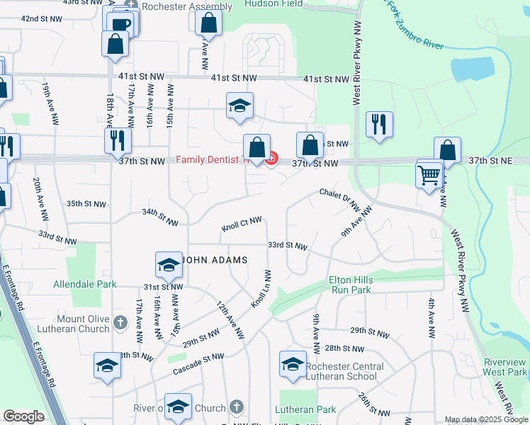 map of restaurants, bars, coffee shops, grocery stores, and more near 1123 Knoll Court Northwest in Rochester