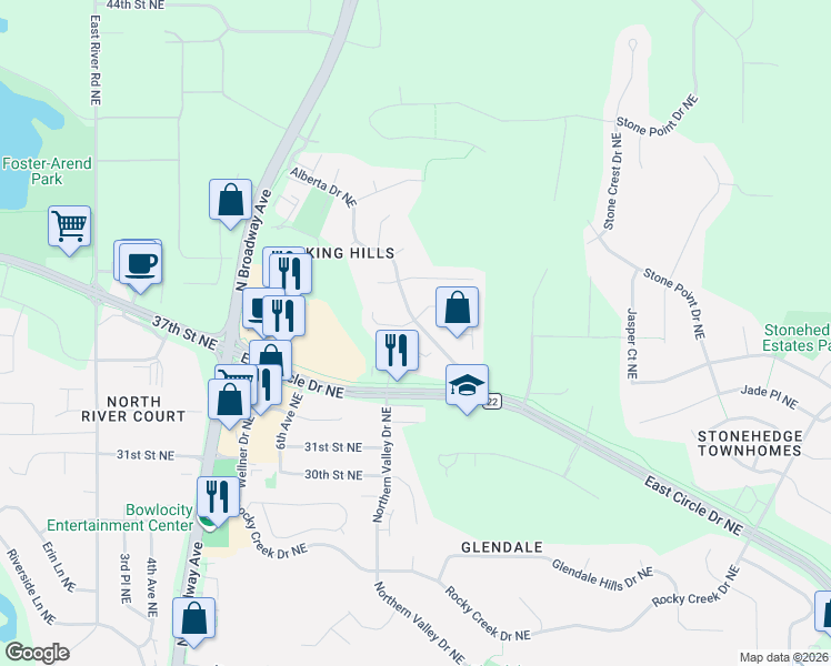 map of restaurants, bars, coffee shops, grocery stores, and more near 918 Bristol Lane Northeast in Rochester
