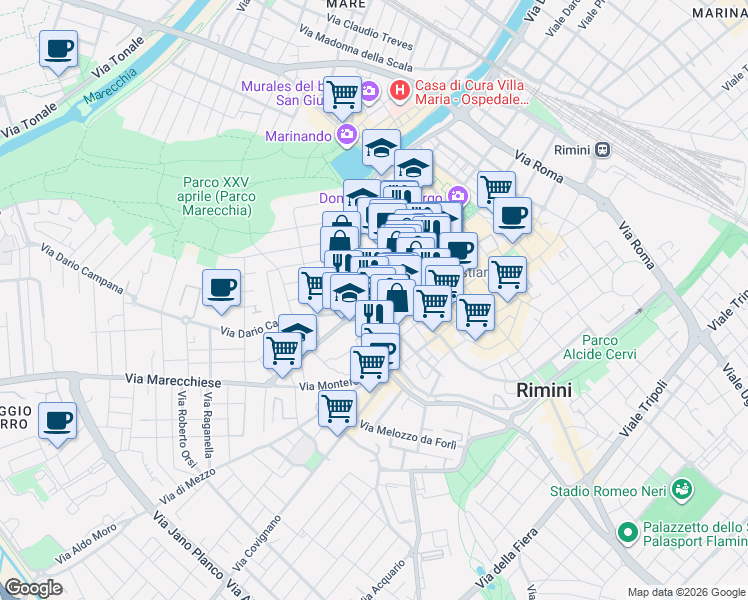 map of restaurants, bars, coffee shops, grocery stores, and more near 20 Piazza Malatesta in Rimini