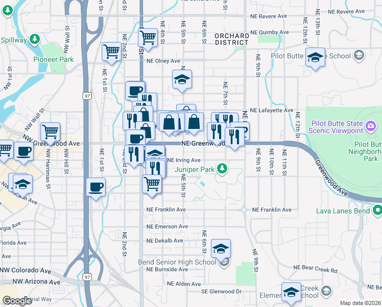 map of restaurants, bars, coffee shops, grocery stores, and more near 530 Northeast Irving Avenue in Bend