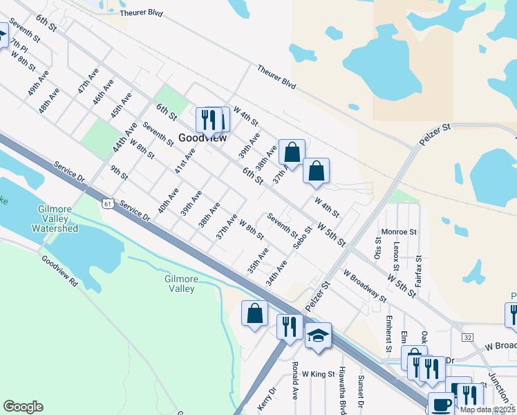 map of restaurants, bars, coffee shops, grocery stores, and more near 705 36th Avenue in Winona
