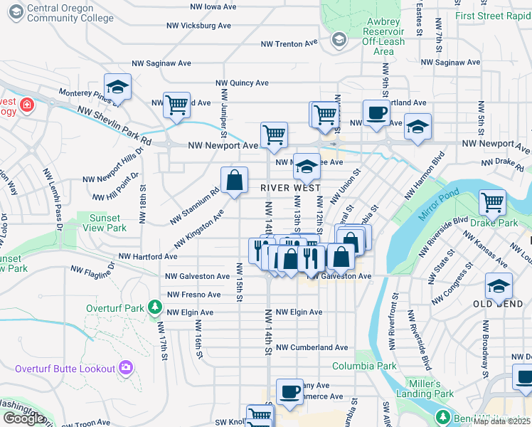 map of restaurants, bars, coffee shops, grocery stores, and more near 1005 Northwest 14th Street in Bend