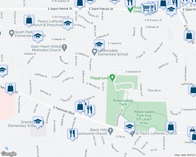 map of restaurants, bars, coffee shops, grocery stores, and more near 434 East Idaho Street in Rapid City