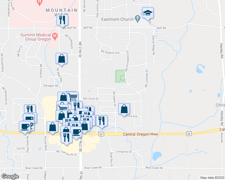 map of restaurants, bars, coffee shops, grocery stores, and more near 2915 Northeast Jackdaw Drive in Bend