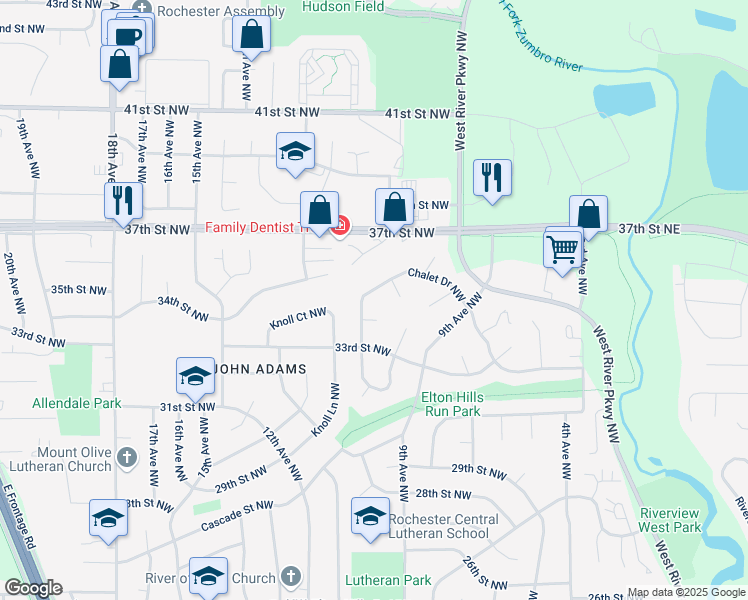 map of restaurants, bars, coffee shops, grocery stores, and more near 1020 Chalet Drive Northwest in Rochester