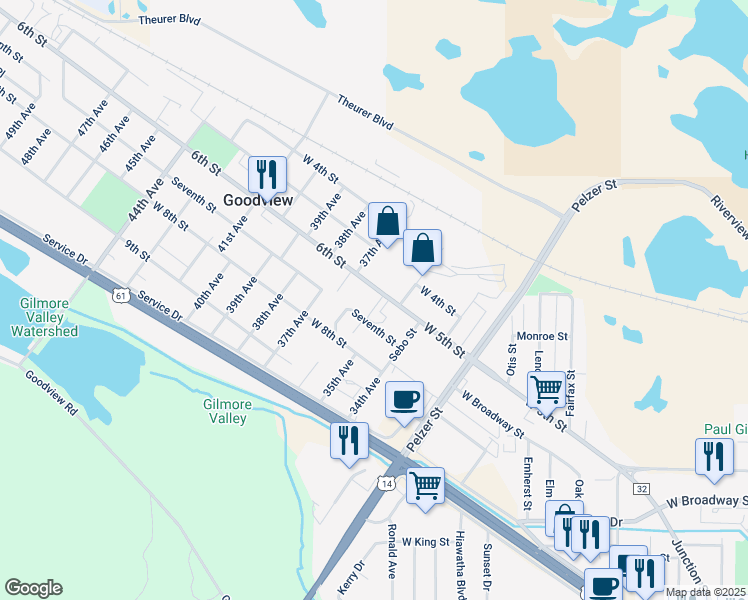 map of restaurants, bars, coffee shops, grocery stores, and more near 3619 West 6th Street in Goodview
