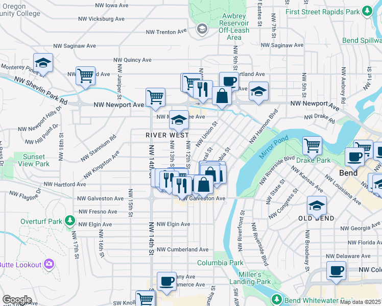 map of restaurants, bars, coffee shops, grocery stores, and more near 1018 Northwest 12th Street in Bend