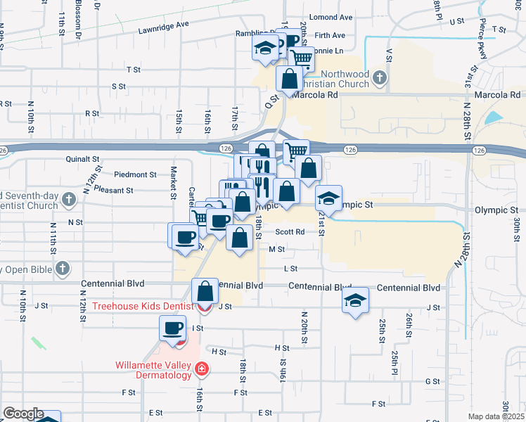 map of restaurants, bars, coffee shops, grocery stores, and more near 1600 18th Street in Springfield