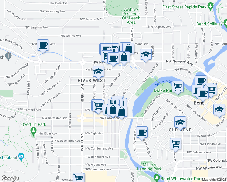 map of restaurants, bars, coffee shops, grocery stores, and more near 1041 Northwest Federal Street in Bend
