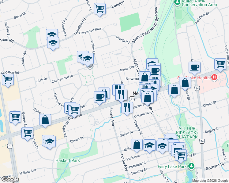 map of restaurants, bars, coffee shops, grocery stores, and more near 330 Amelia Street in Newmarket