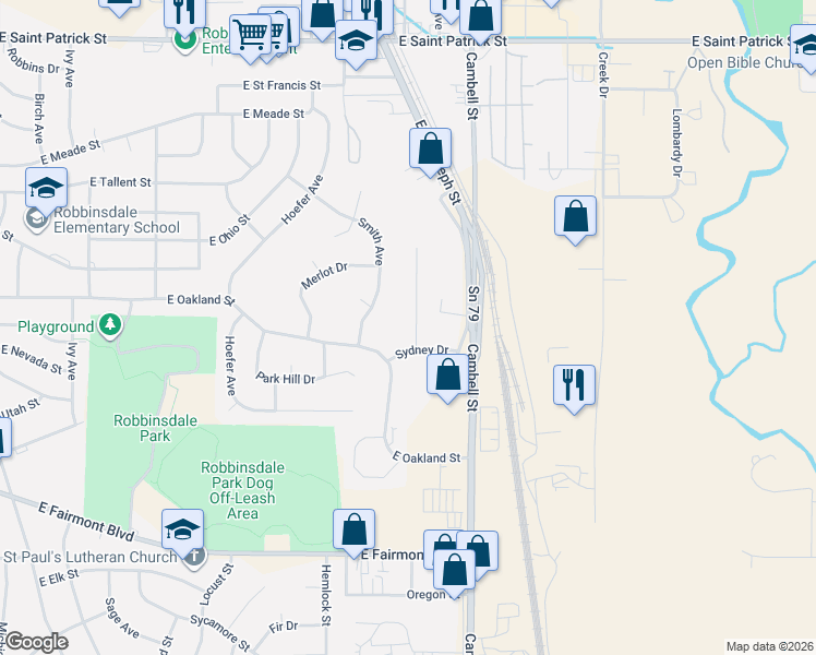 map of restaurants, bars, coffee shops, grocery stores, and more near 1318 Sydney Dr in Rapid City