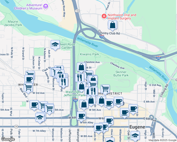 map of restaurants, bars, coffee shops, grocery stores, and more near 28 Lawrence Street in Eugene
