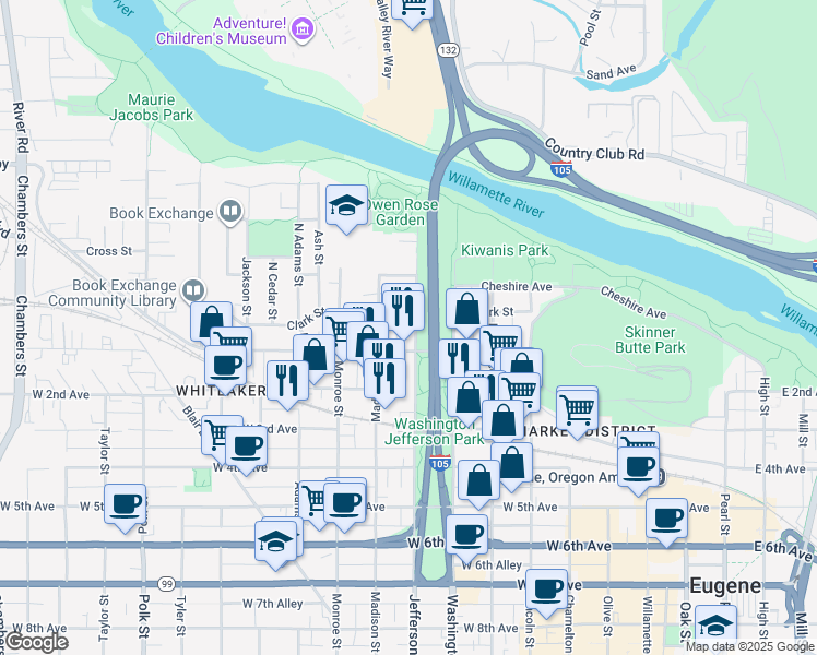 map of restaurants, bars, coffee shops, grocery stores, and more near 36 Jefferson Street in Eugene