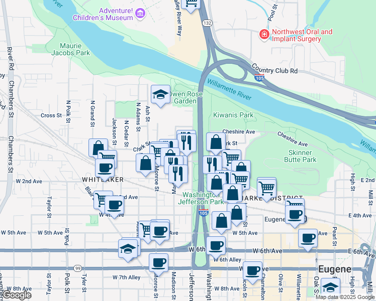 map of restaurants, bars, coffee shops, grocery stores, and more near 36 Jefferson Street in Eugene
