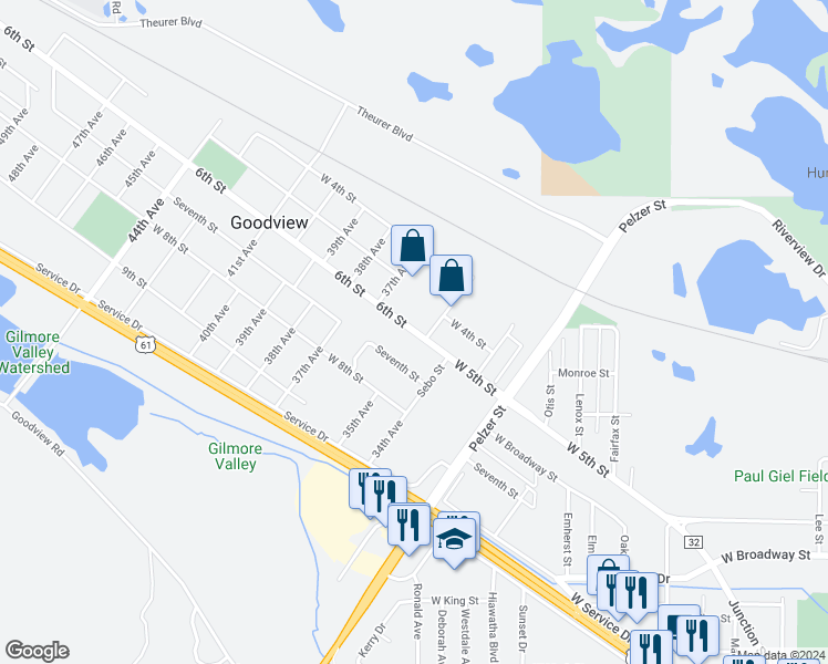map of restaurants, bars, coffee shops, grocery stores, and more near 3619 West 6th Street in Goodview