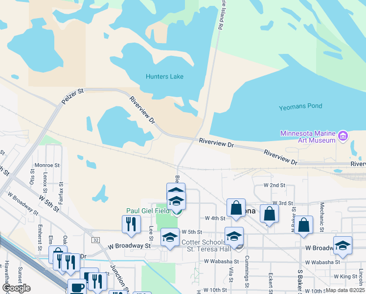 map of restaurants, bars, coffee shops, grocery stores, and more near 1275 Riverview Drive in Winona