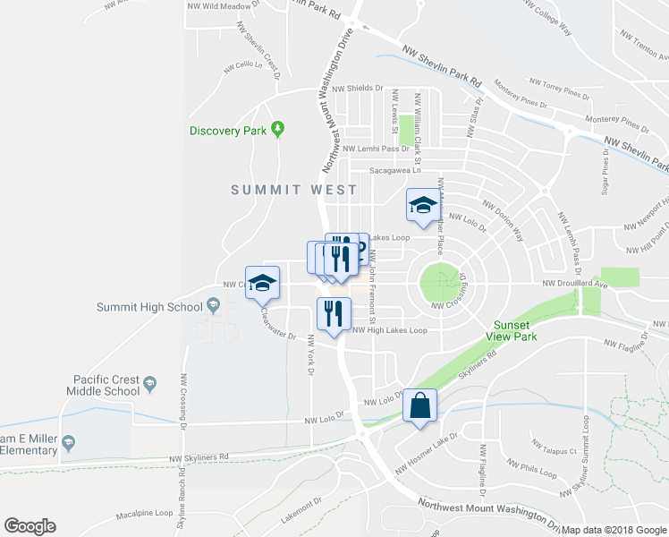 map of restaurants, bars, coffee shops, grocery stores, and more near 2677 NW Ordway Ave in Bend