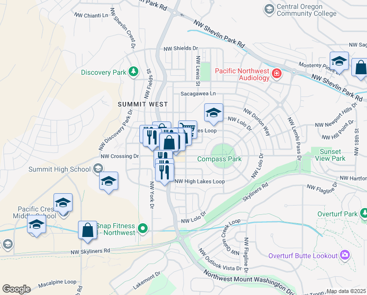 map of restaurants, bars, coffee shops, grocery stores, and more near 2595 Northwest Ordway Avenue in Bend