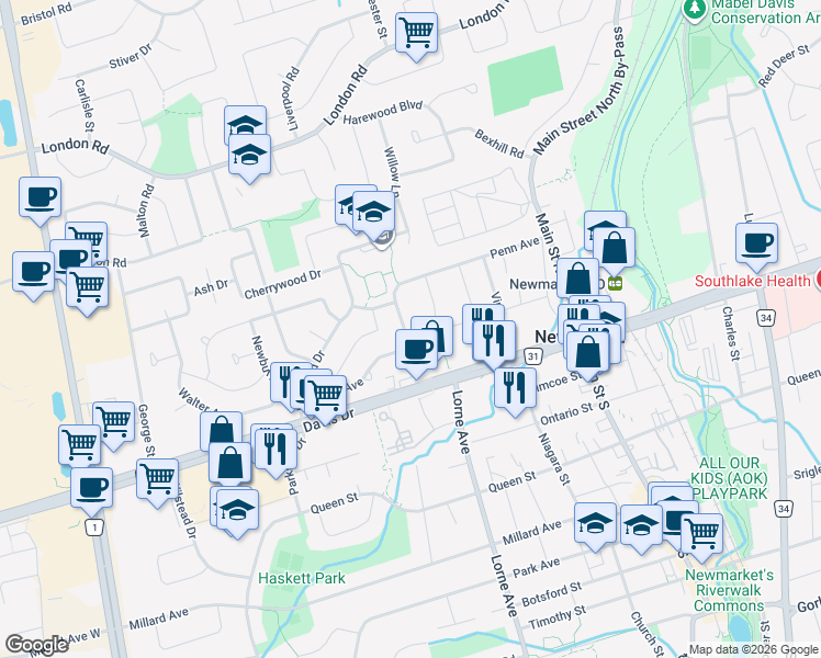 map of restaurants, bars, coffee shops, grocery stores, and more near 256 Penn Avenue in Newmarket