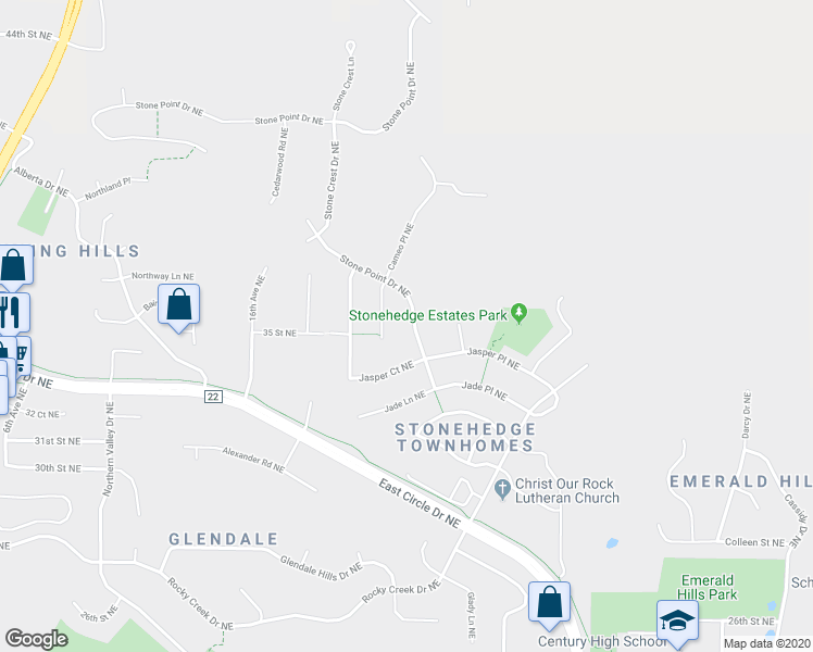 map of restaurants, bars, coffee shops, grocery stores, and more near 3543 Stone Point Drive Northeast in Rochester