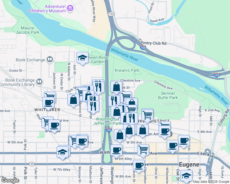 map of restaurants, bars, coffee shops, grocery stores, and more near 39 Washington Street in Eugene