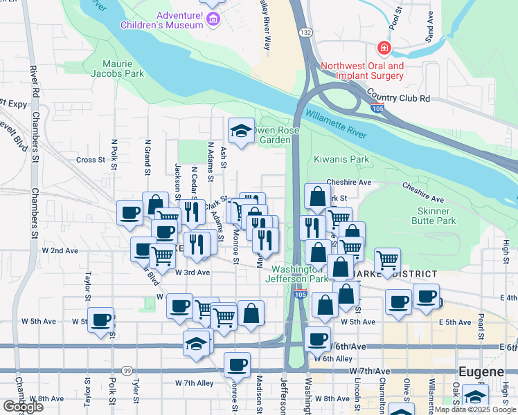 map of restaurants, bars, coffee shops, grocery stores, and more near 32 Madison Street in Eugene