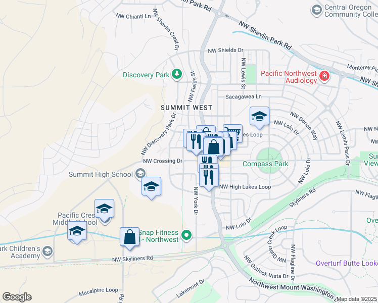 map of restaurants, bars, coffee shops, grocery stores, and more near 2740 Northwest Ordway Avenue in Bend