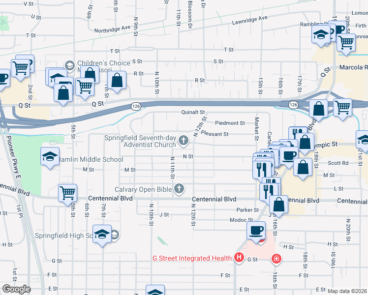 map of restaurants, bars, coffee shops, grocery stores, and more near 1630 North 12th Street in Springfield