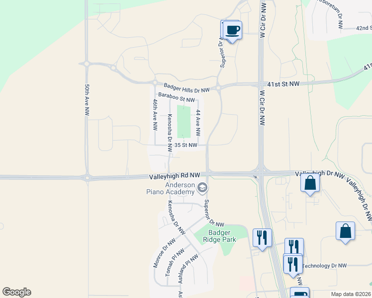 map of restaurants, bars, coffee shops, grocery stores, and more near 4420 35 Street Northwest in Rochester