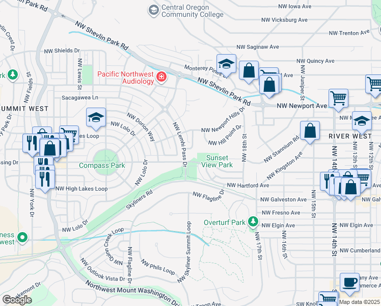 map of restaurants, bars, coffee shops, grocery stores, and more near 2314 Northwest Floyd Lane in Bend