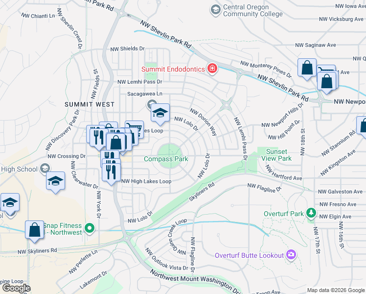 map of restaurants, bars, coffee shops, grocery stores, and more near 2559 Northwest Crossing Drive in Bend