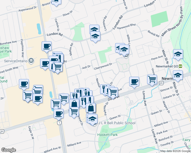 map of restaurants, bars, coffee shops, grocery stores, and more near 86 Newbury Drive in Newmarket