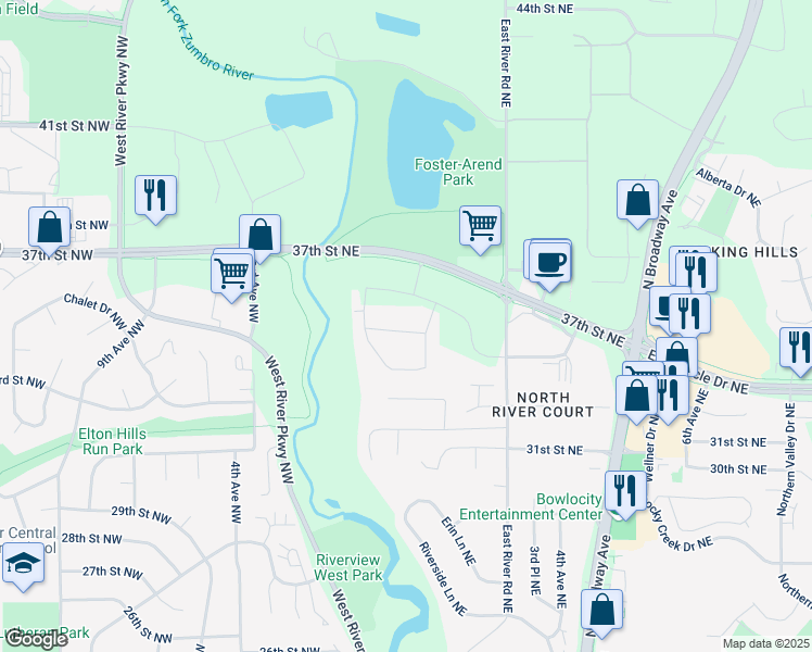 map of restaurants, bars, coffee shops, grocery stores, and more near 3609 East River Road Northeast in Rochester
