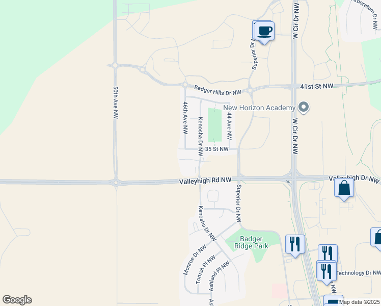 map of restaurants, bars, coffee shops, grocery stores, and more near 4526 35 Street Northwest in Rochester