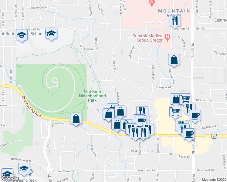 map of restaurants, bars, coffee shops, grocery stores, and more near 2043 Northeast Zachary Court in Bend