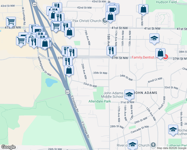 map of restaurants, bars, coffee shops, grocery stores, and more near 1856 35th Street Northwest in Rochester