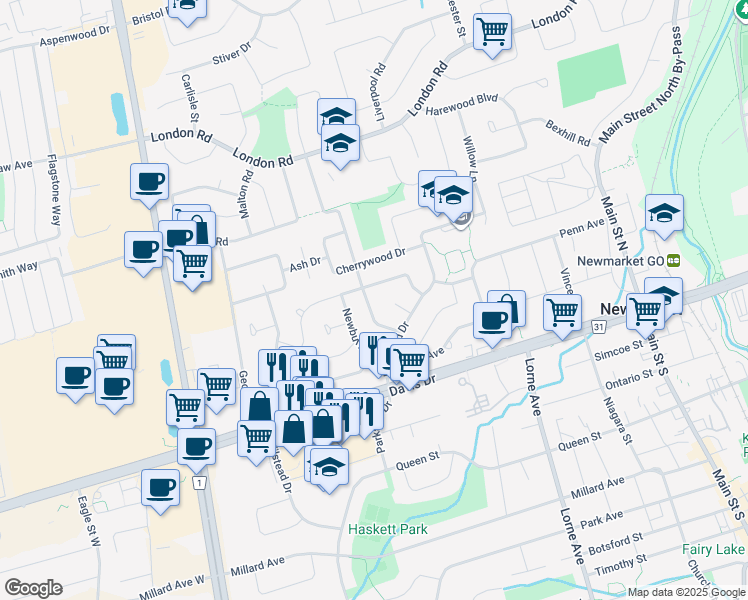 map of restaurants, bars, coffee shops, grocery stores, and more near 77 Harrison Drive in Newmarket