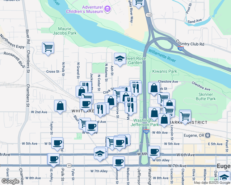 map of restaurants, bars, coffee shops, grocery stores, and more near 10 North Monroe Street in Eugene