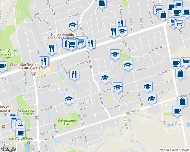 map of restaurants, bars, coffee shops, grocery stores, and more near 796 Arnold Crescent in Newmarket